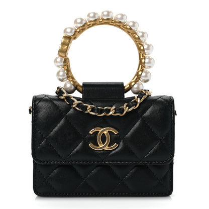 Chanel Lambskin Quilted Pearl Crown Clutch With Chain Black 1 of 9