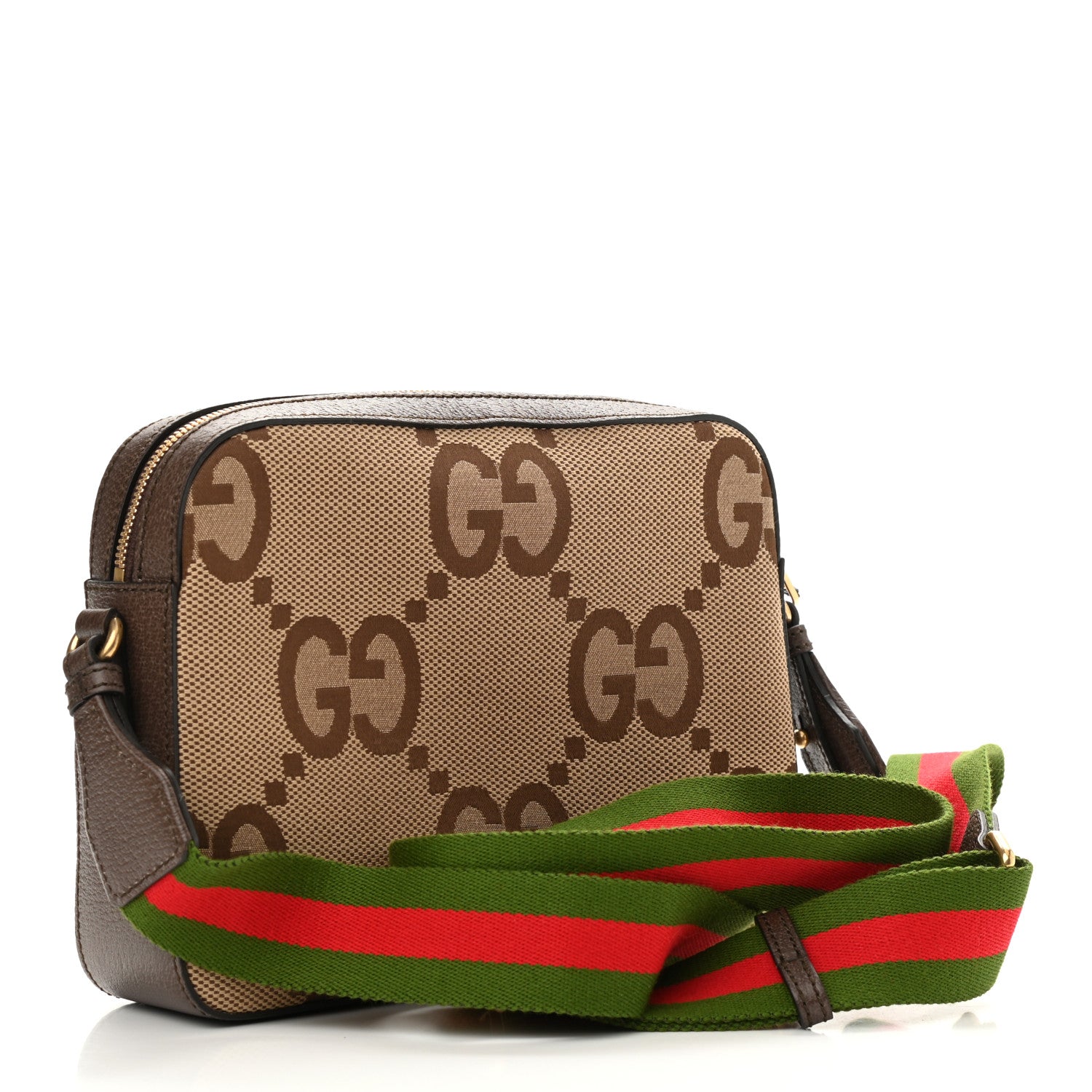 Gucci Monogram Jumbo GG Textured Dollar Calfskin Web Messenger Shoulder Bag Camel Ebony New Acero 3 of 10