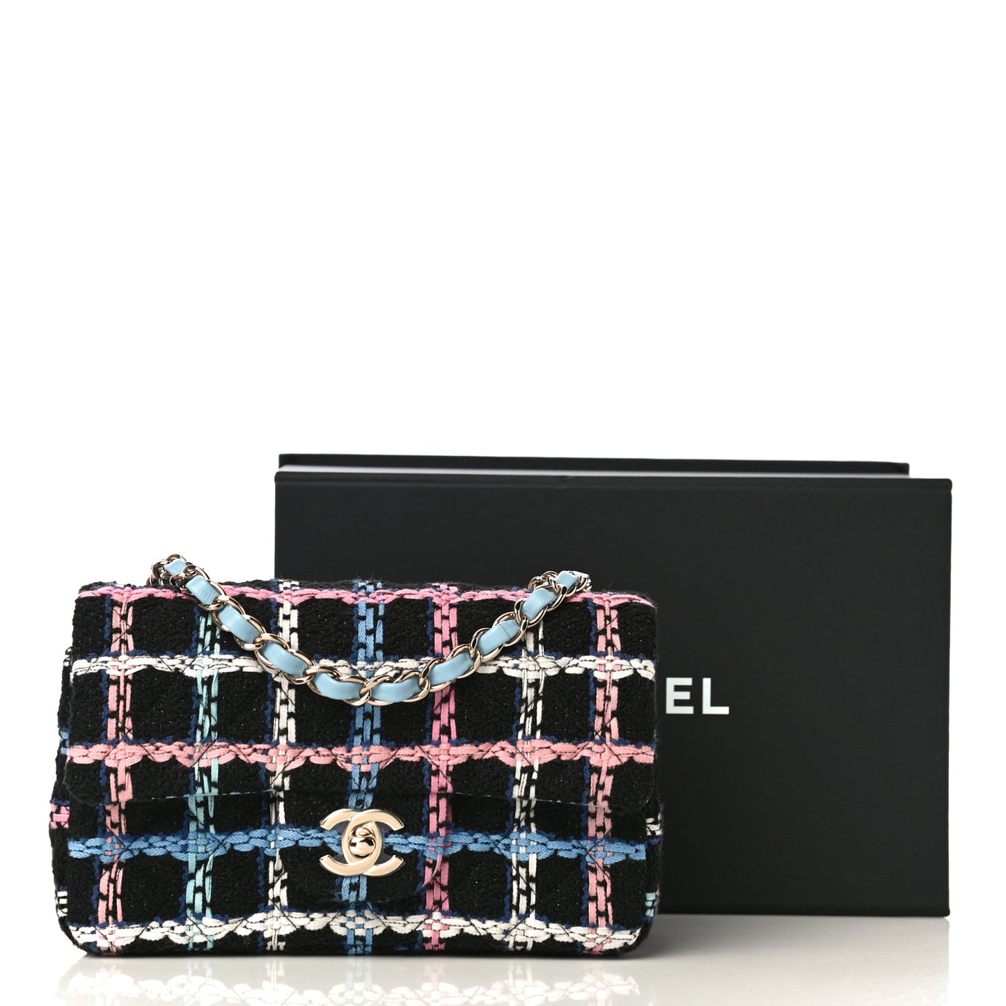 Tweed Quilted Mini Rectangular Flap Black Pink Blue Ecru