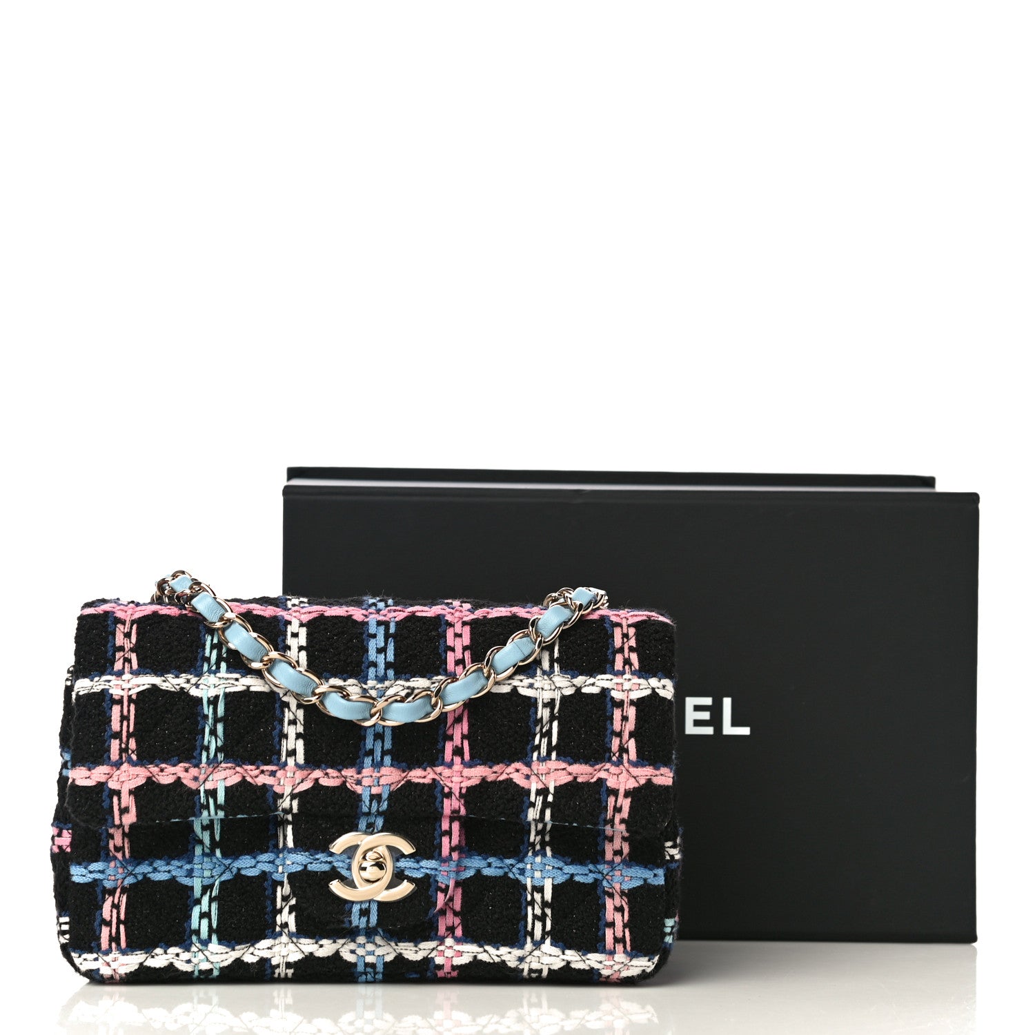 Chanel Tweed Quilted Mini Rectangular Flap Black Pink Blue Ecru 11 of 11