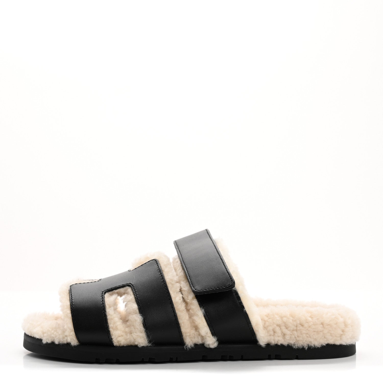 Hermes Glazed Nappa Woolskin Womens Chypre Sandals 38 Black Ecru 1 of 9