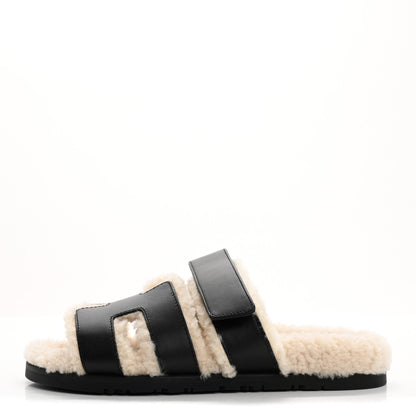 Hermes Glazed Nappa Woolskin Womens Chypre Sandals 38 Black Ecru 1 of 9
