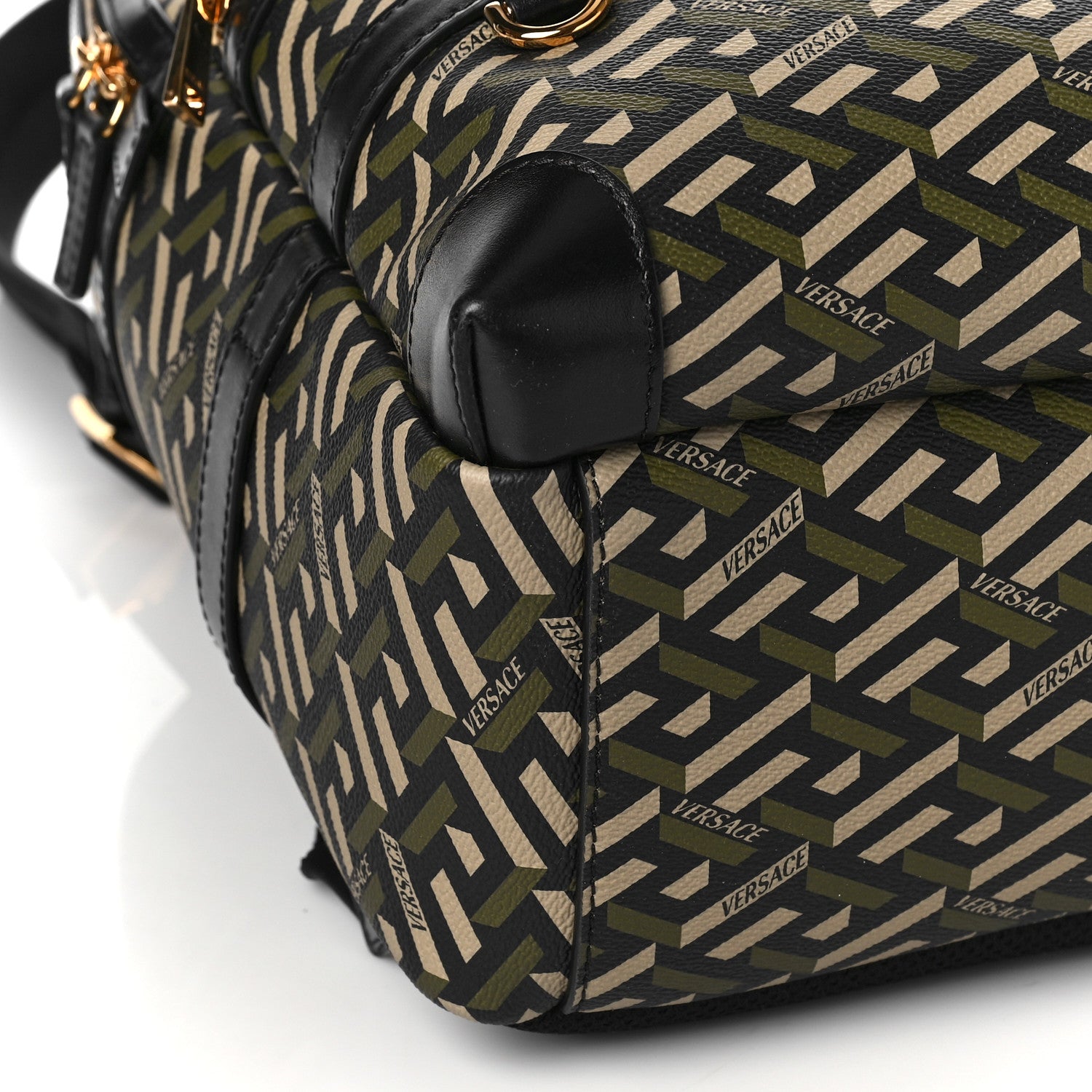 Versace Coated Canvas Calfskin La Greca Signature Backpack Black Khaki 8 of 9