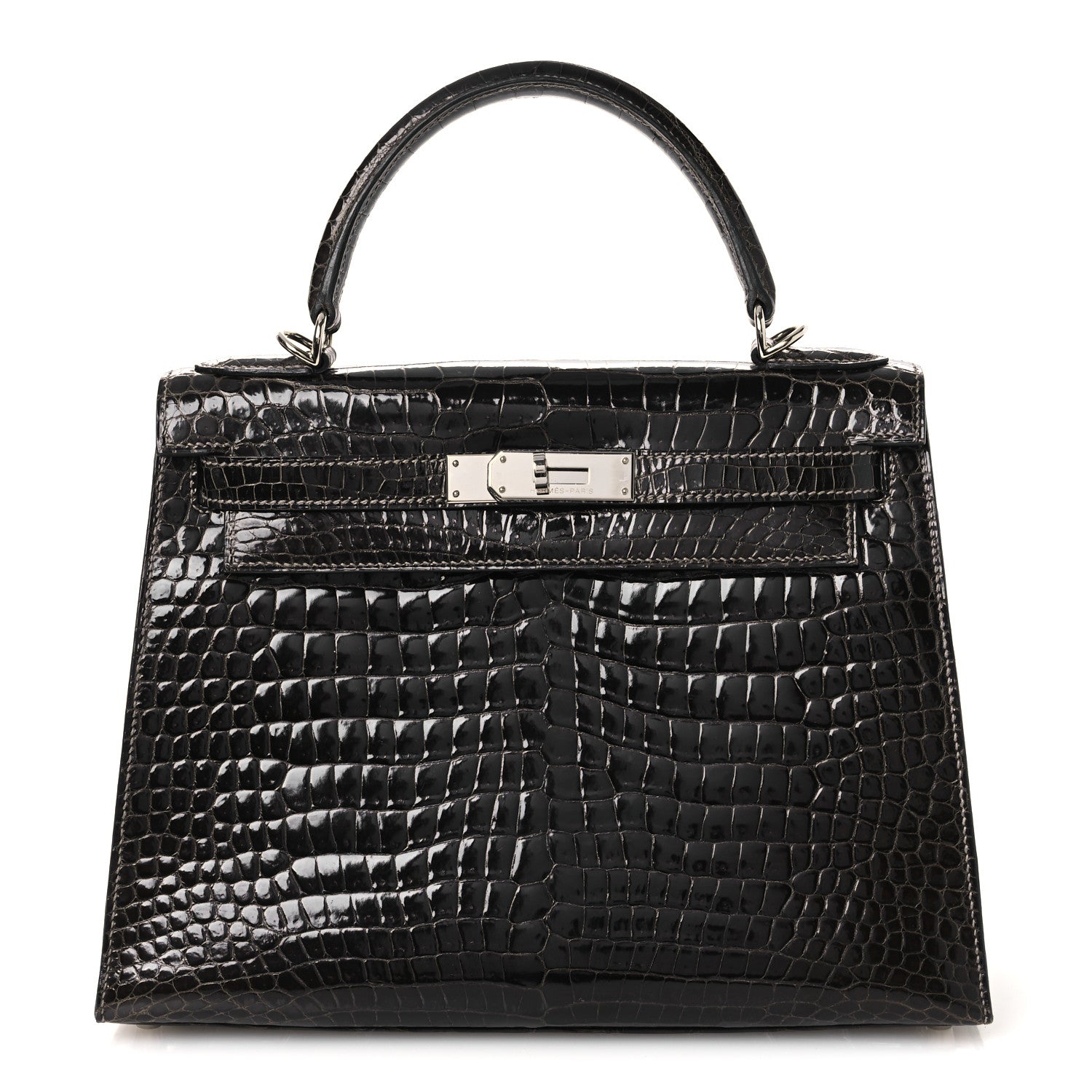 Hermes Shiny Porosus Crocodile Kelly Sellier 28 Gris Elephant 1 of 11