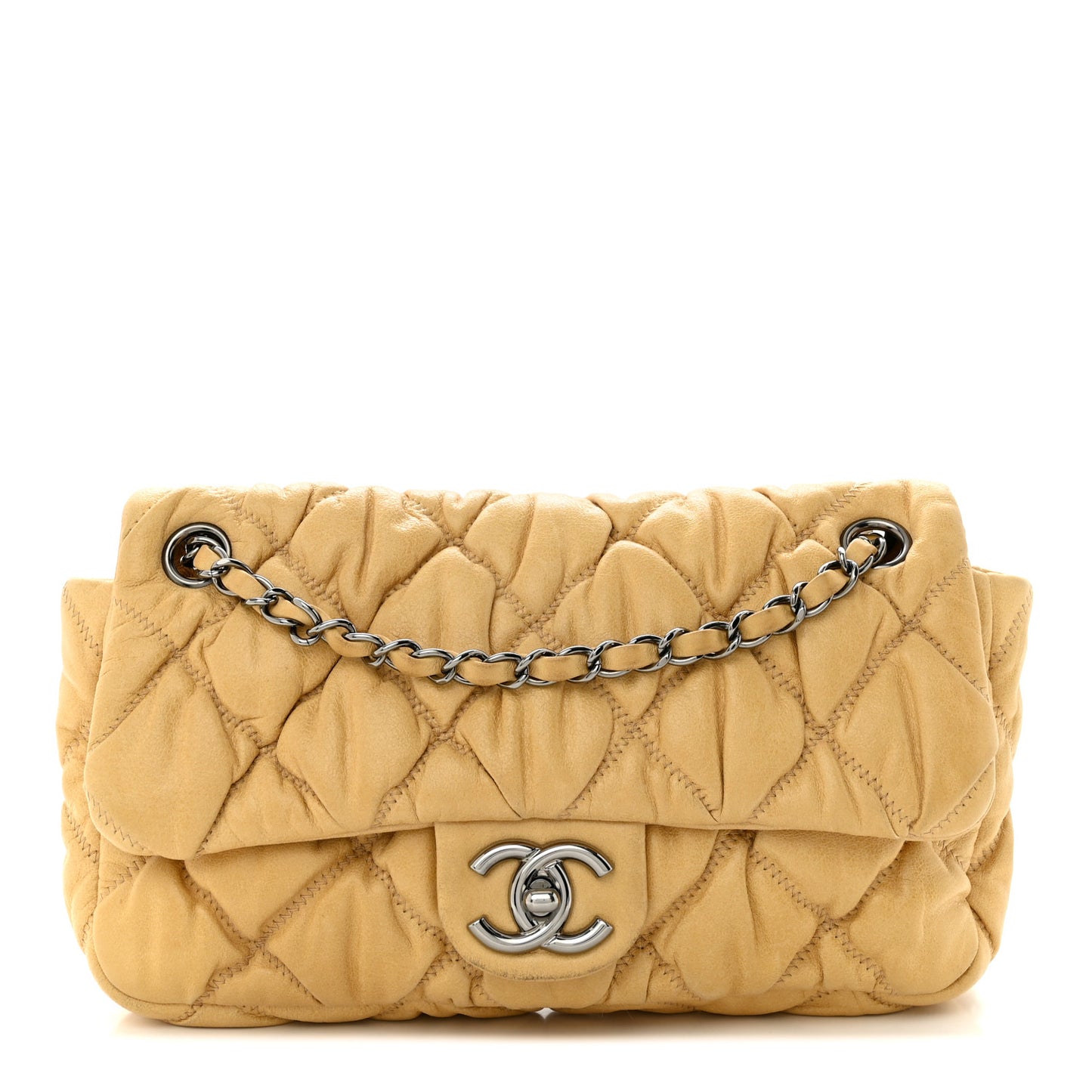 Calfskin Quilted Medium Bubble Quilt Flap Bag Beige