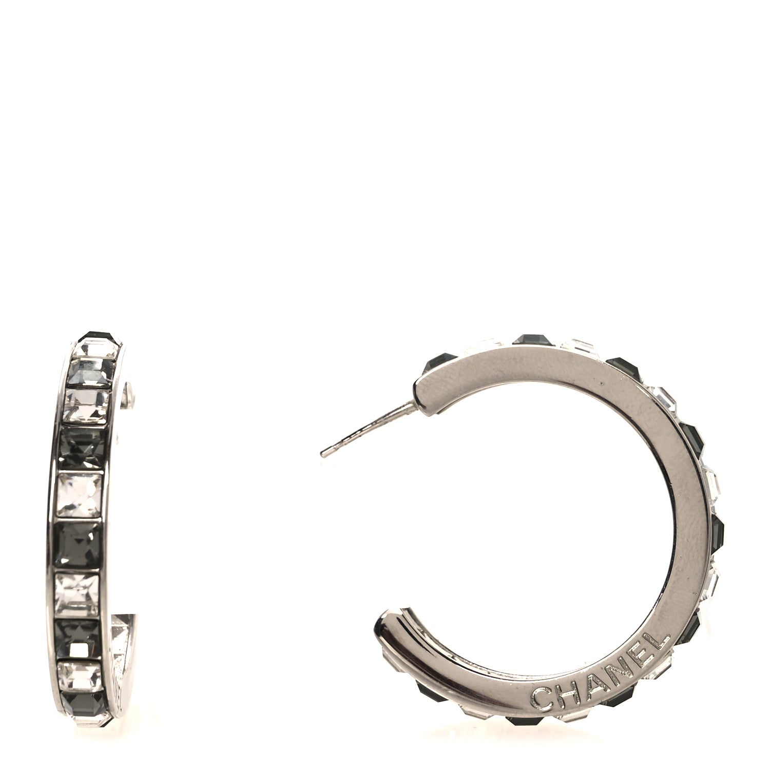 Chanel Baguette Crystal CC Hoop Earrings Silver 1 of 5