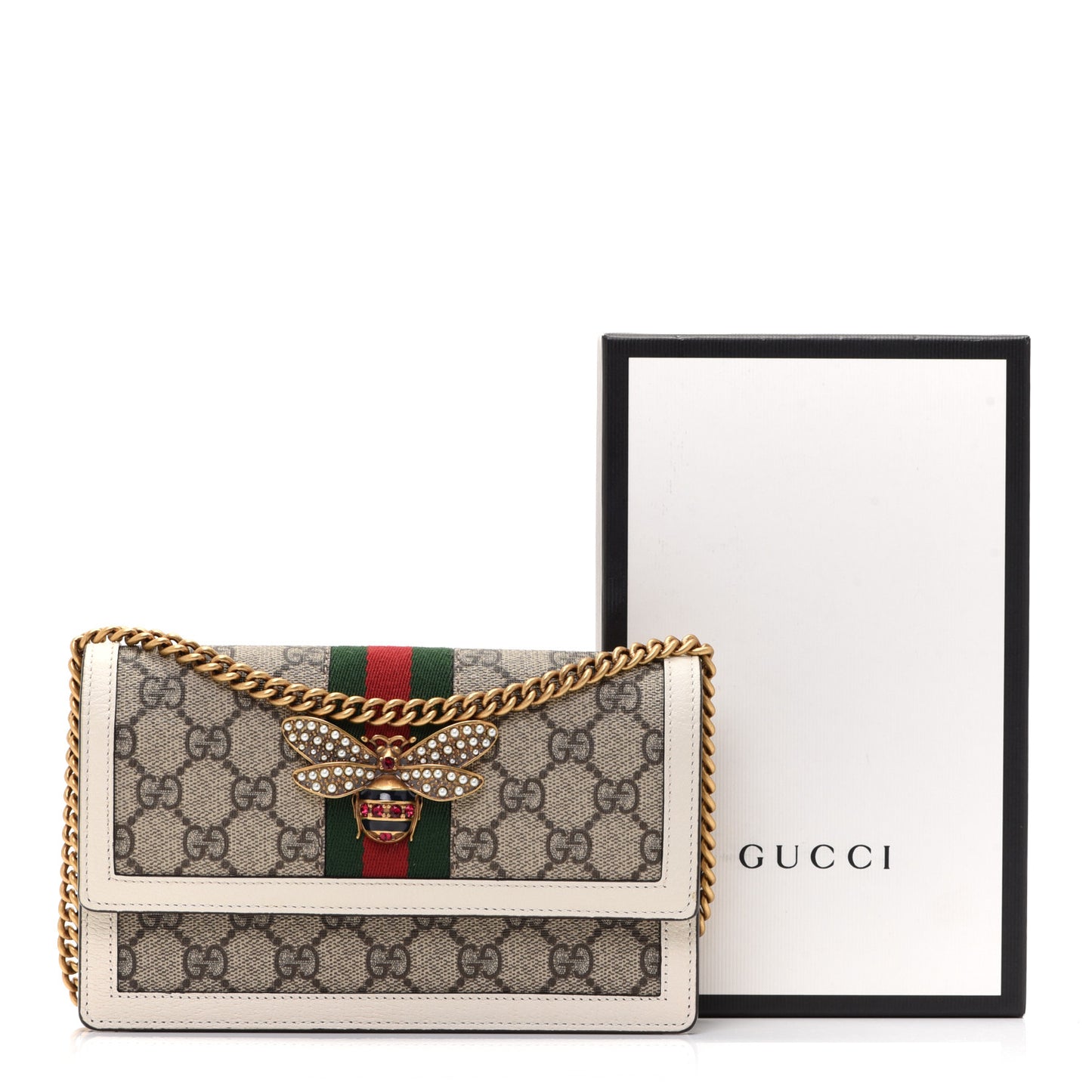 GG Supreme Monogram Web Queen Margaret Chain Wallet White