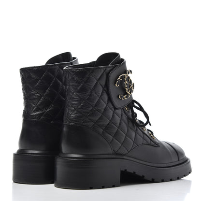 Chanel Shiny Goatskin Calfskin Quilted Lace Up Combat Boots 38.5 Black 4 of 14