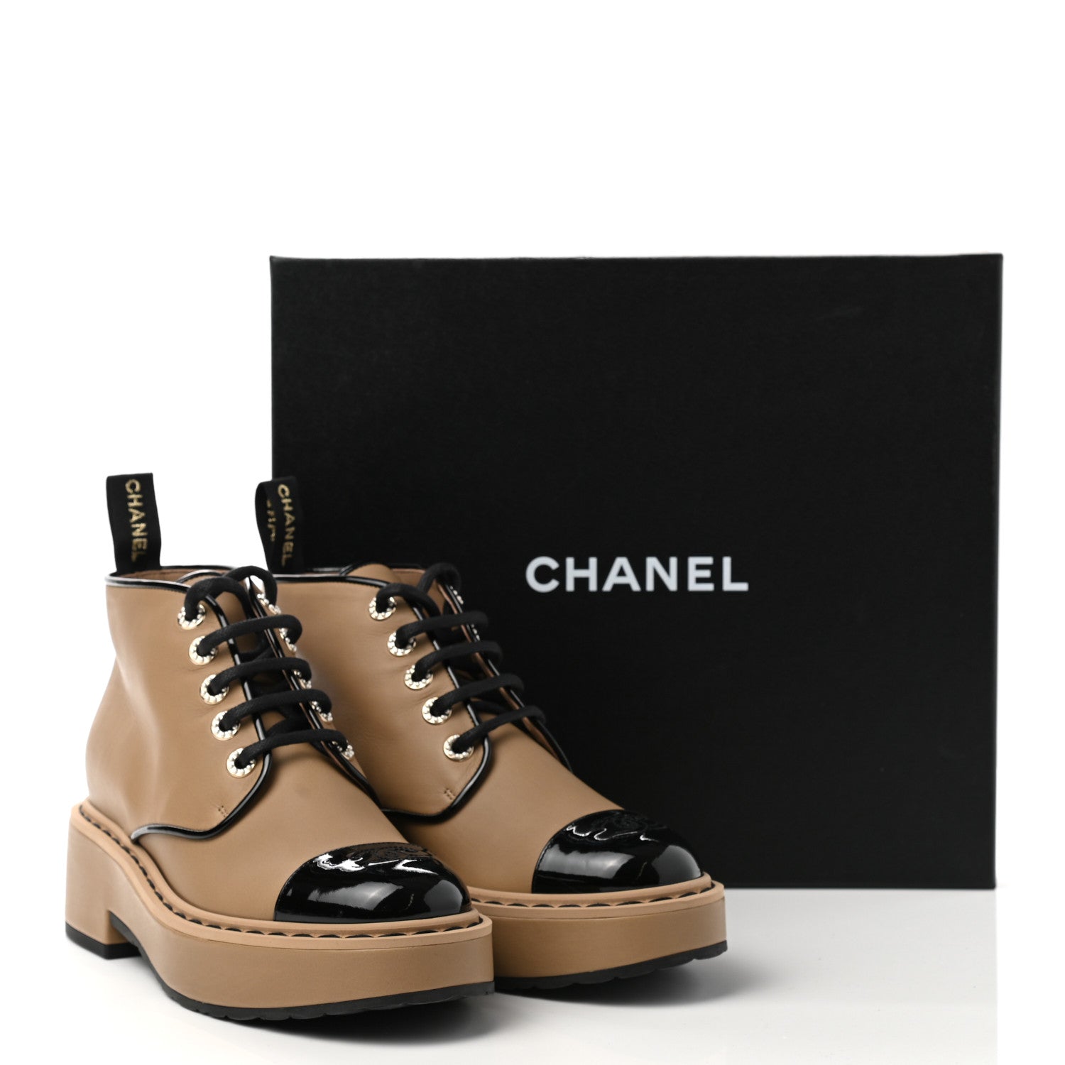 Chanel Calfskin Lace Up CC Short Boots 37 Beige Black 9 of 9
