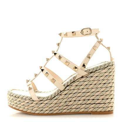 Valentino Garavani Calfskin Rockstud Ankle Strap Torchon Espadrille Caged 25/95mm Wedge Sandals 36 Light Ivory 1 of 12