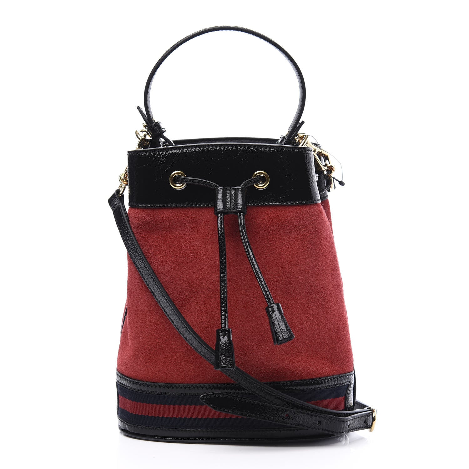 Gucci Suede Patent Web Small Ophidia Bucket Bag Hibiscus Red Black 1 of 9