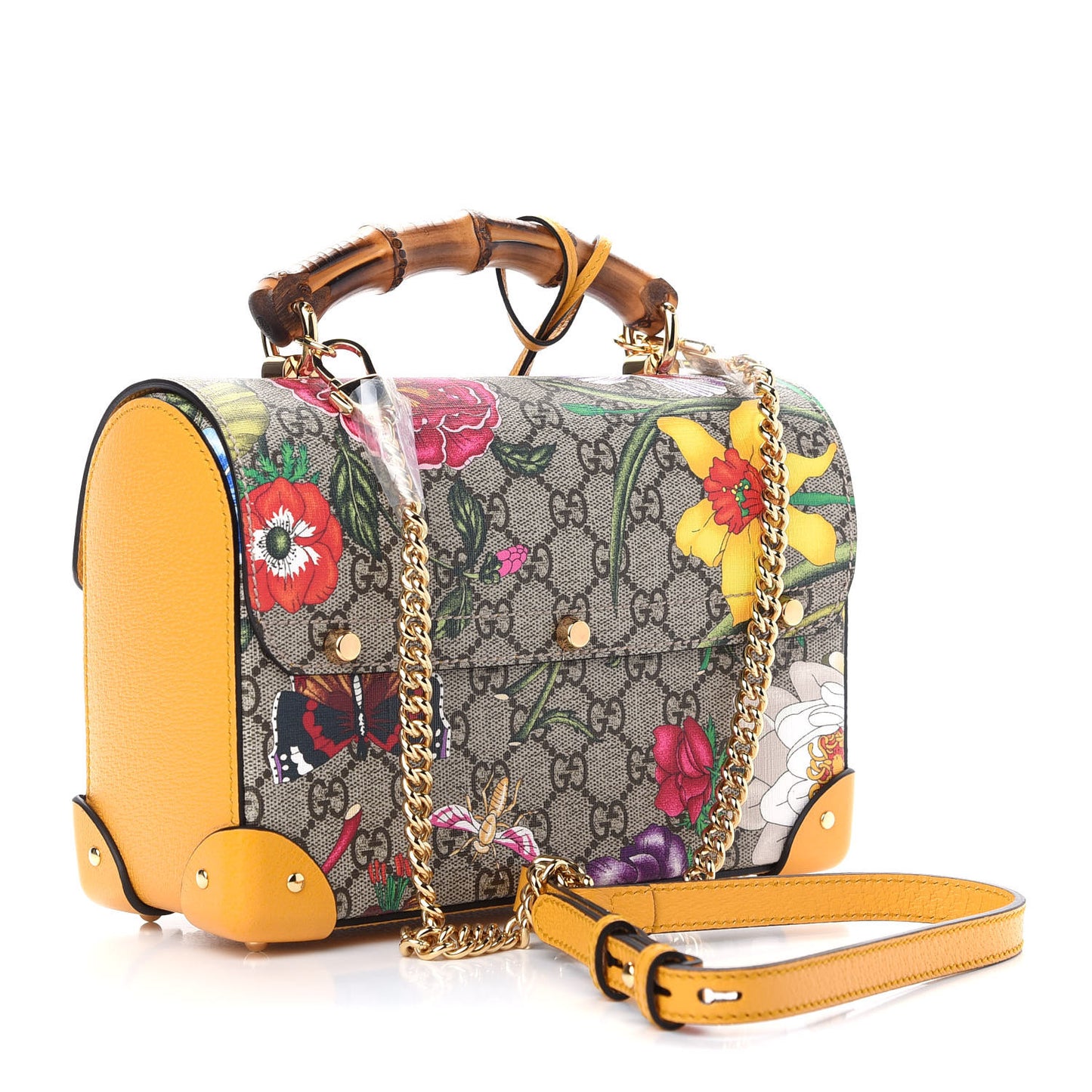 GG Supreme Monogram Flora Small Padlock Bamboo Shoulder Bag Beige Multicolor Crop