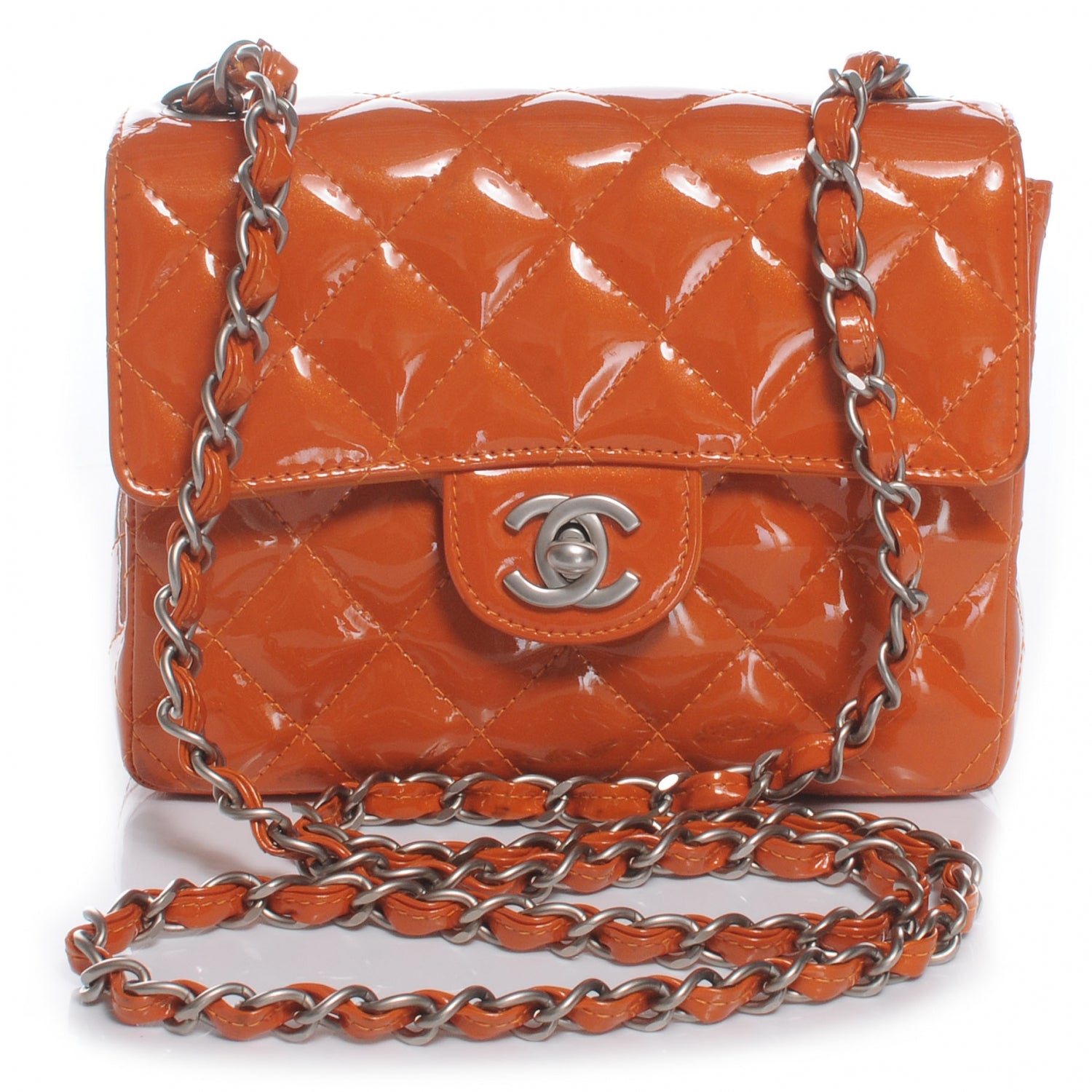 Chanel Patent Quilted Mini Square Flap Orange 1 of 8