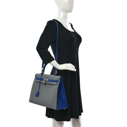 Hermes Togo Horseshoe Kelly Sellier 35 Gris Mouette Bleu Electrique 2 of 12