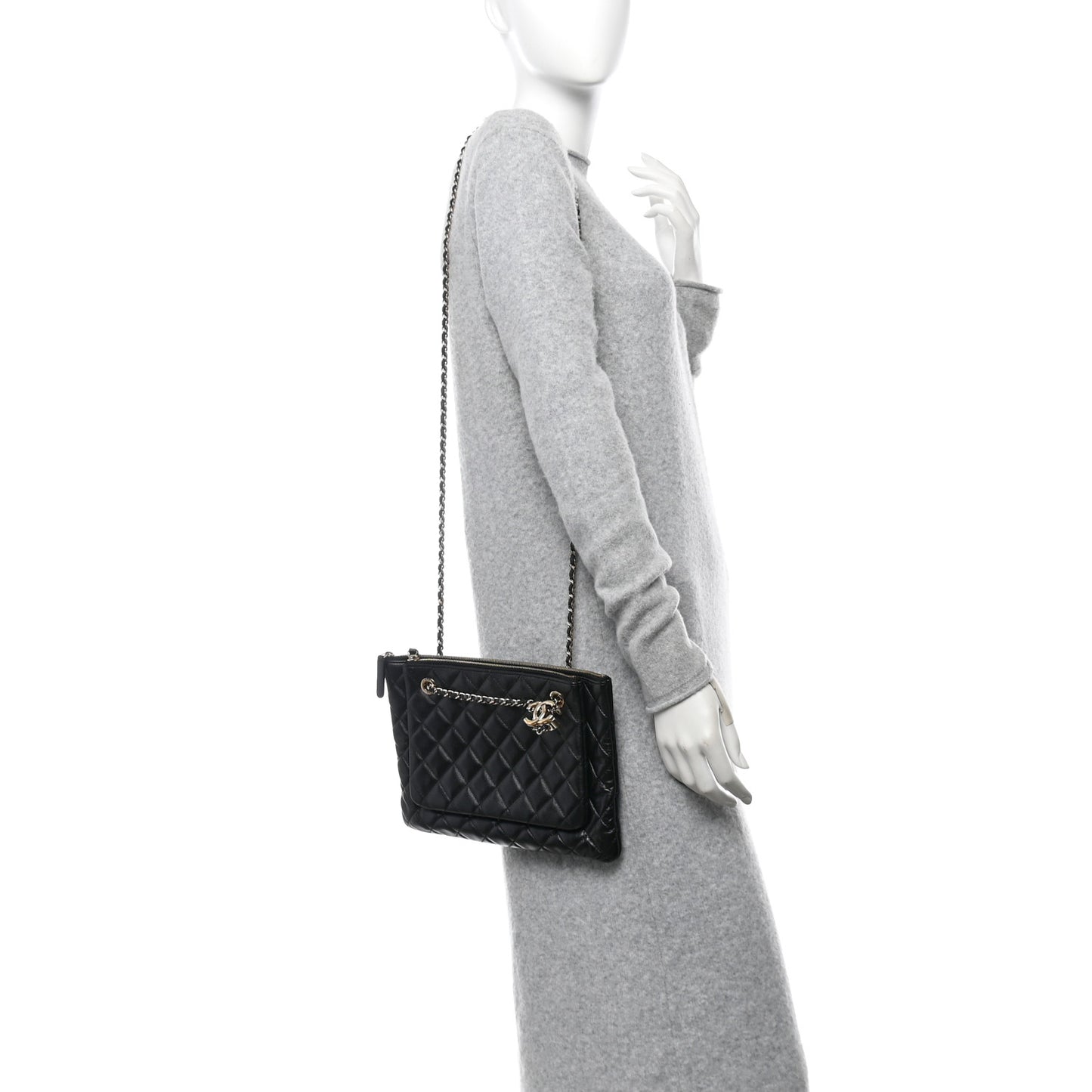 Shiny Lambskin Quilted Medium Double Case With Strap Black
