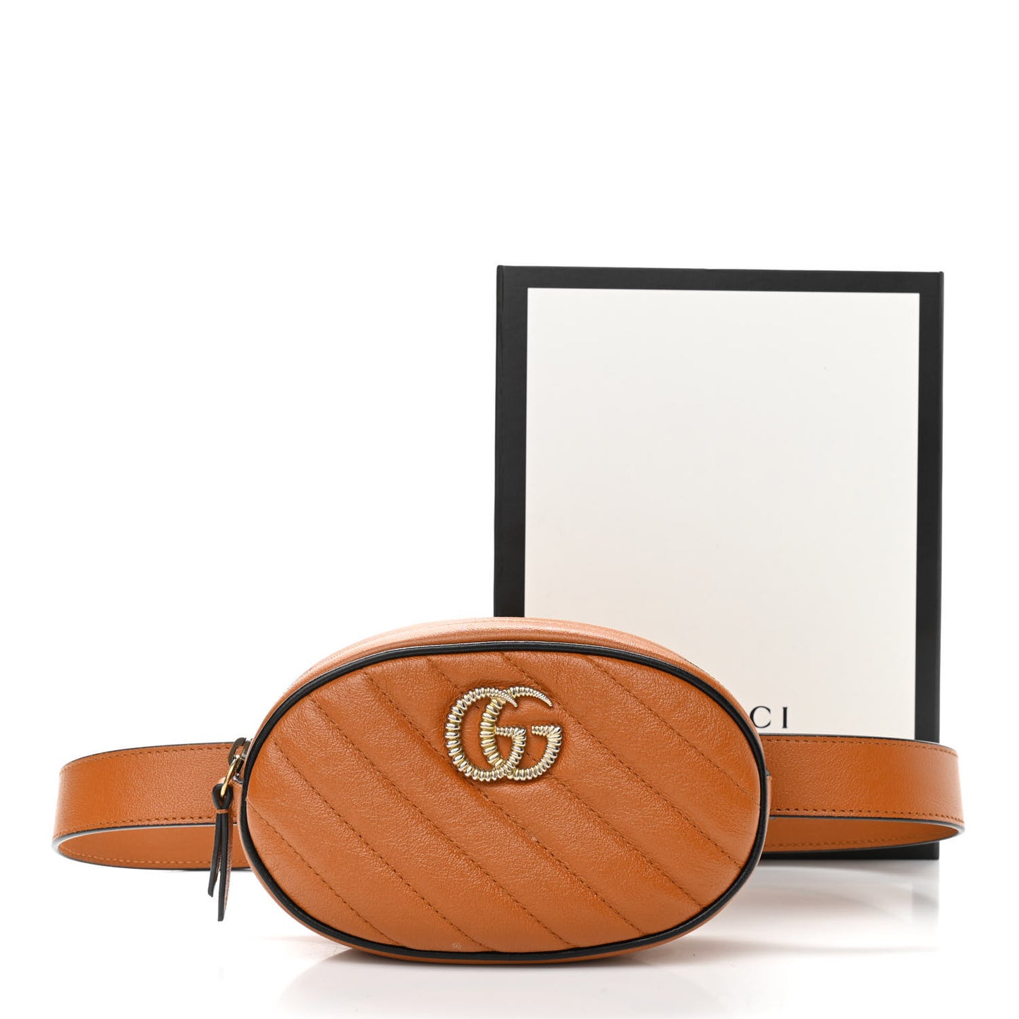 Vintage Effect Calfskin Matelasse Diagonal Torchon GG Marmont Belt Bag 85 34 Cognac