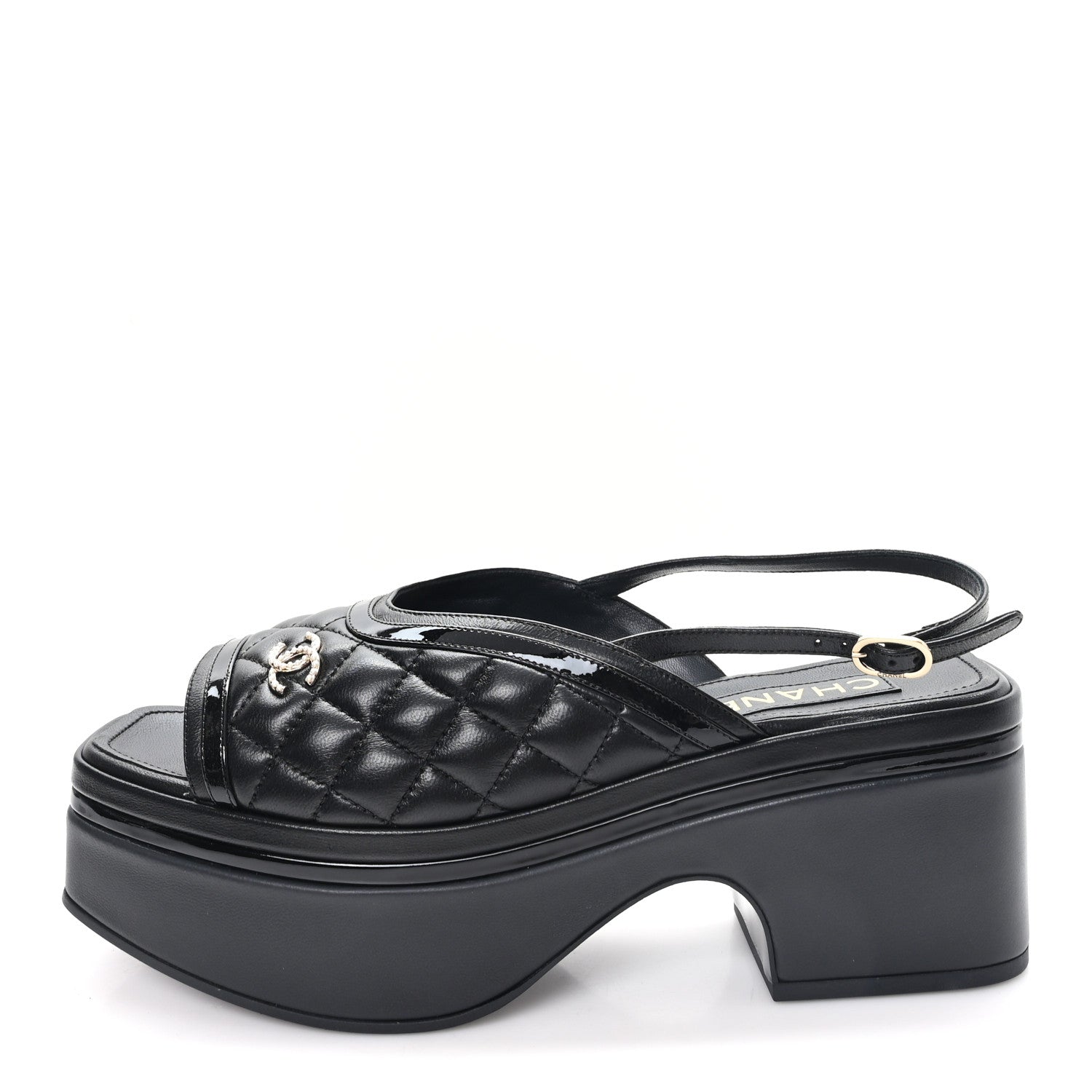 Chanel Lambskin Patent Quilted CC Platform Sandals 39.5 Black 1 of 10