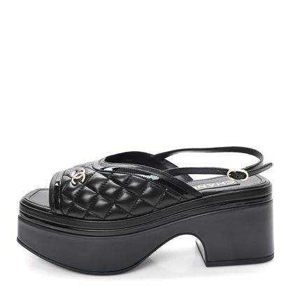 Chanel Lambskin Patent Quilted CC Platform Sandals 39.5 Black 1 of 10