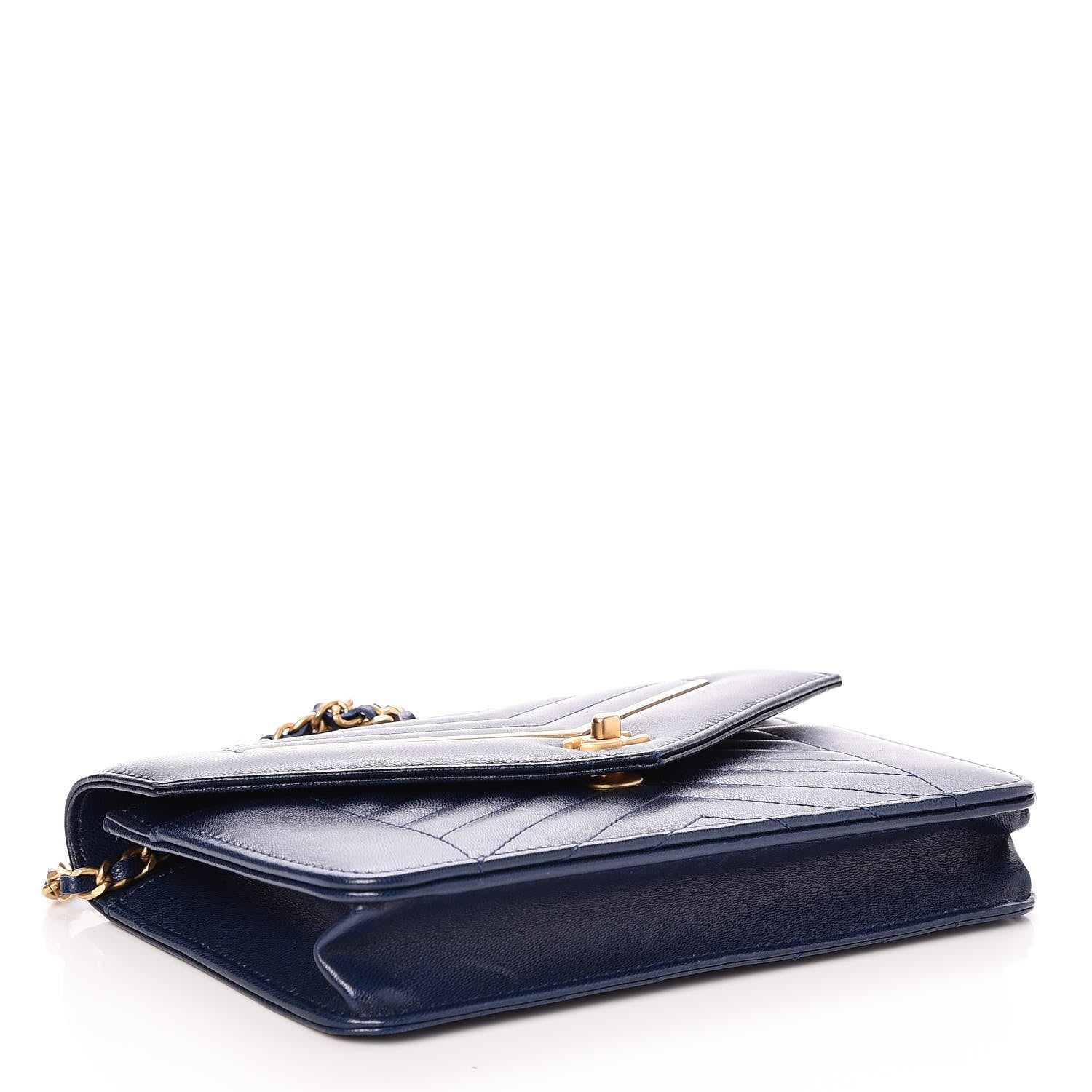 Chanel Lambskin Chevron Quilted Wallet On Chain WOC Navy Blue 4 of 9