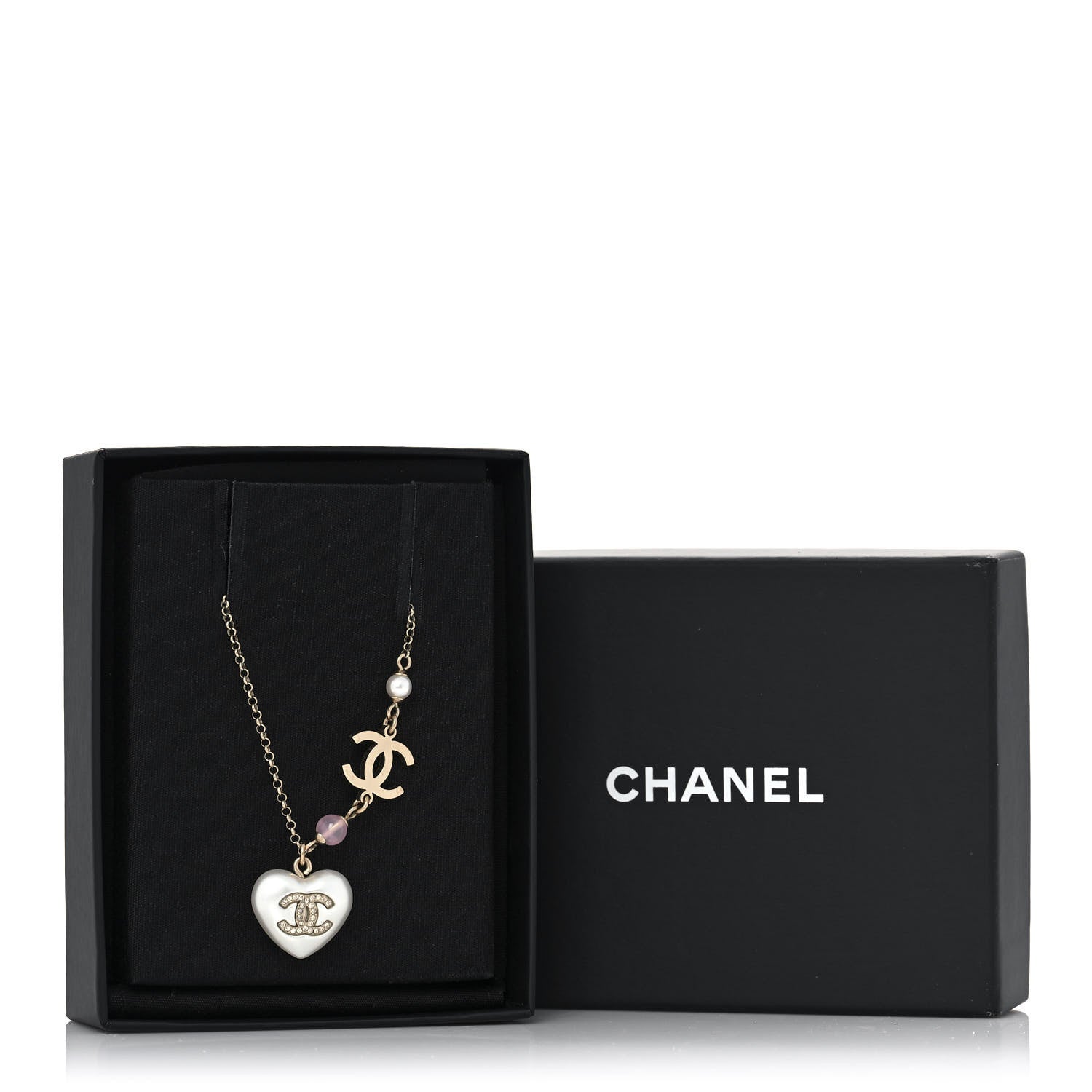 Chanel Resin Crystal CC Heart Necklace Pearly White Gold 5 of 5