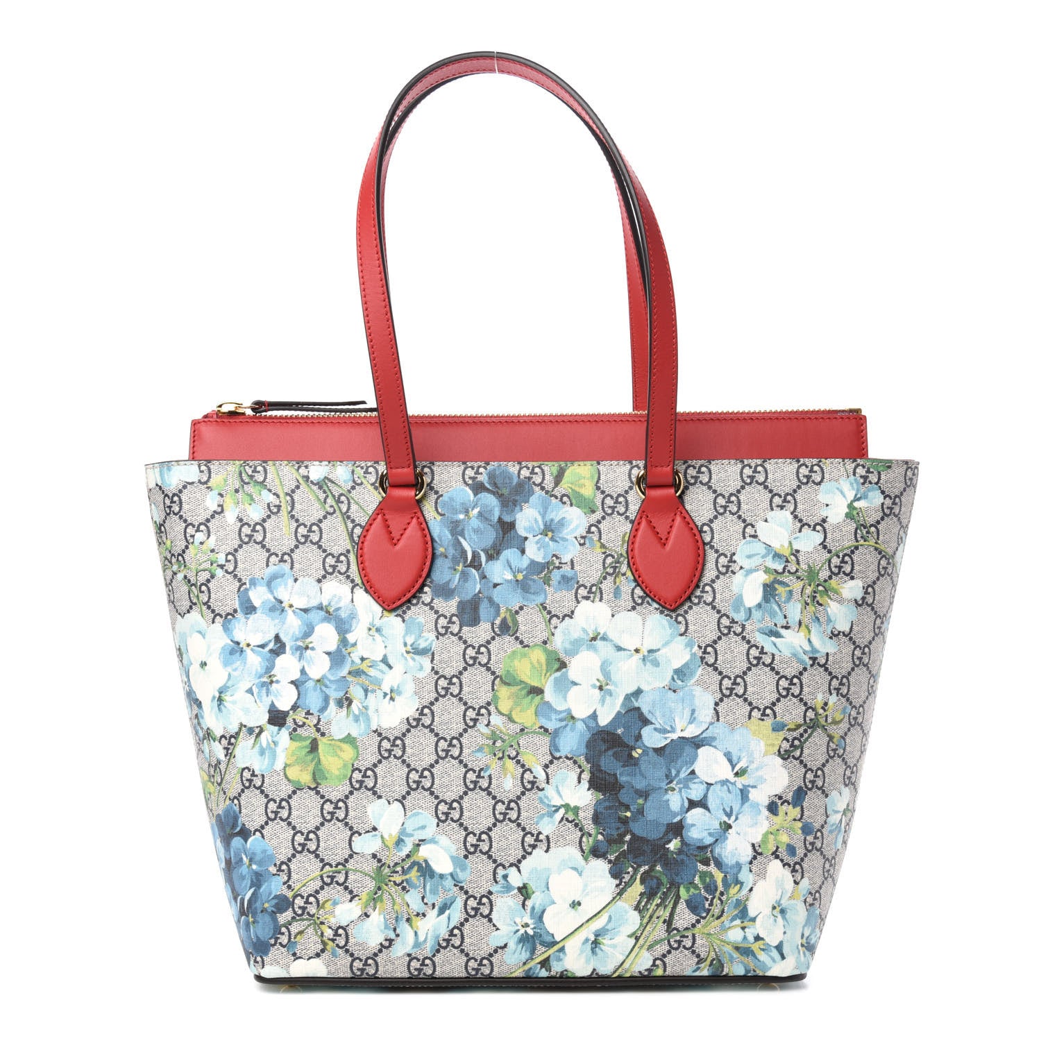 Gucci GG Supreme Monogram Blooms Medium Zippered Bucket Tote Beige Blue Navy Hibiscus Red 1 of 10