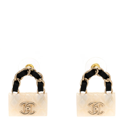 Chanel Resin Lambskin Turnlock Flap Bag Earrings Gold White Black 1 of 4