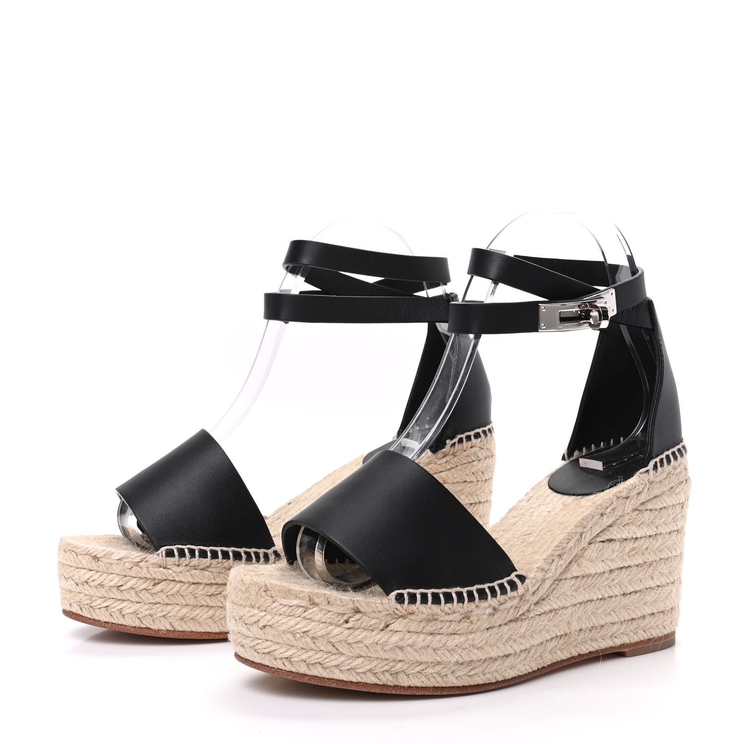 Hermes Calfskin Tivoli Espadrille Wedge Sandals 37 Black 3 of 9