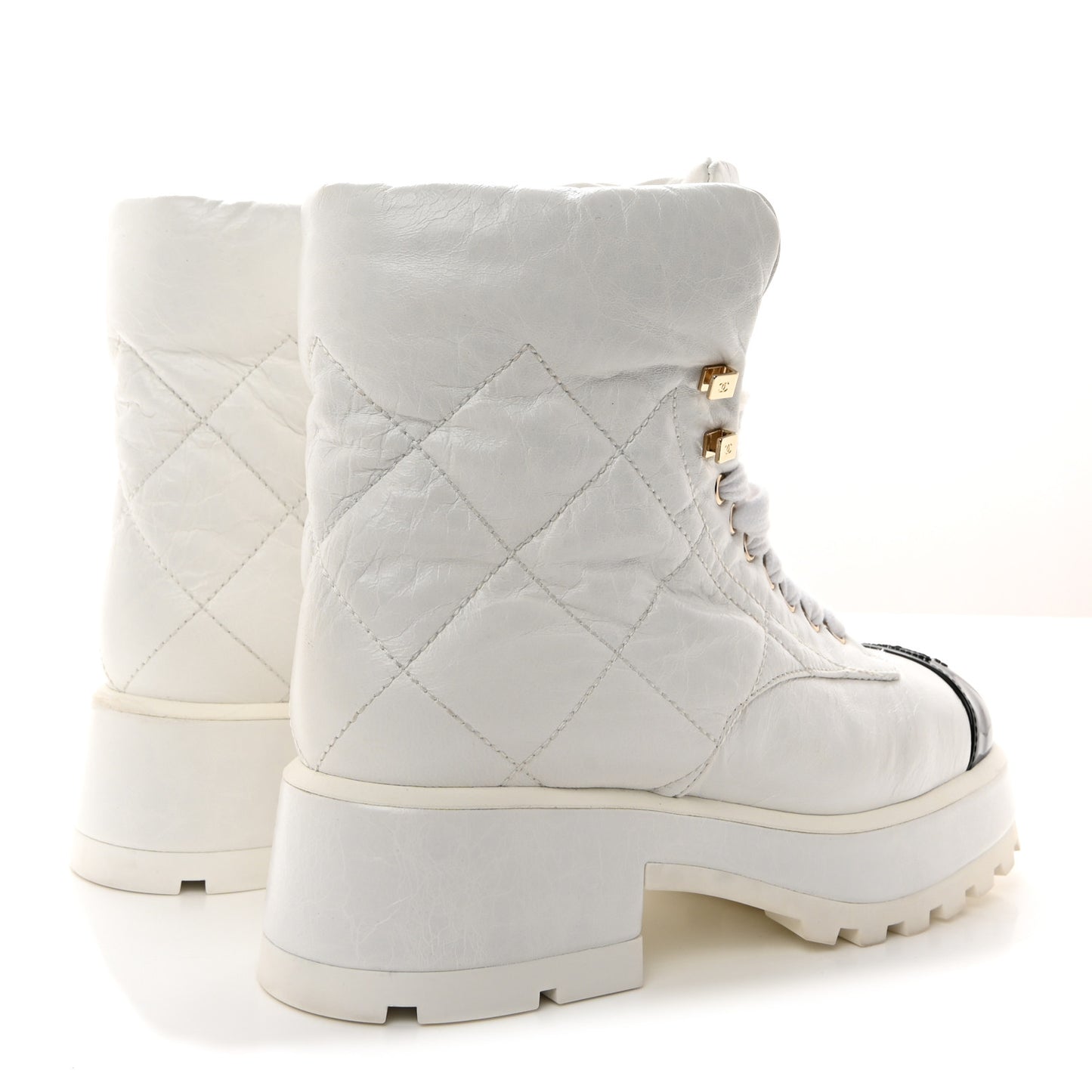 Crumpled Patent Lambskin Calfskin Quilted Lace Up Combat Boots 37 White Black