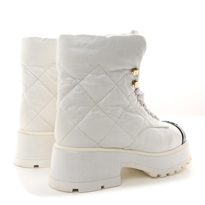 Chanel Crumpled Patent Lambskin Calfskin Quilted Lace Up Combat Boots 37 White Black 4 of 11