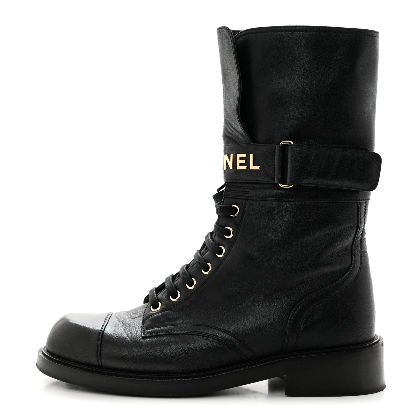 Shiny Calfskin Lace Up Combat Boots 41 Black
