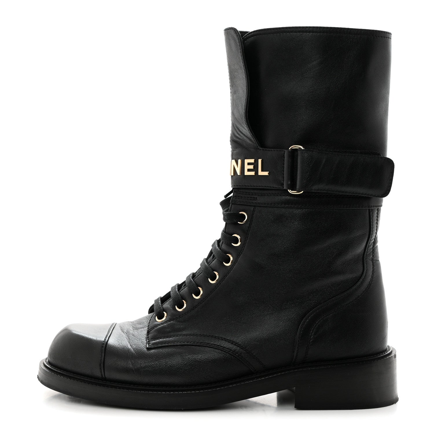 Chanel Shiny Calfskin Lace Up Combat Boots 41 Black 1 of 8