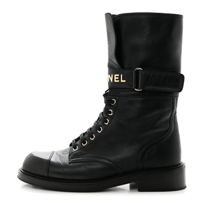 Chanel Shiny Calfskin Lace Up Combat Boots 41 Black 1 of 8