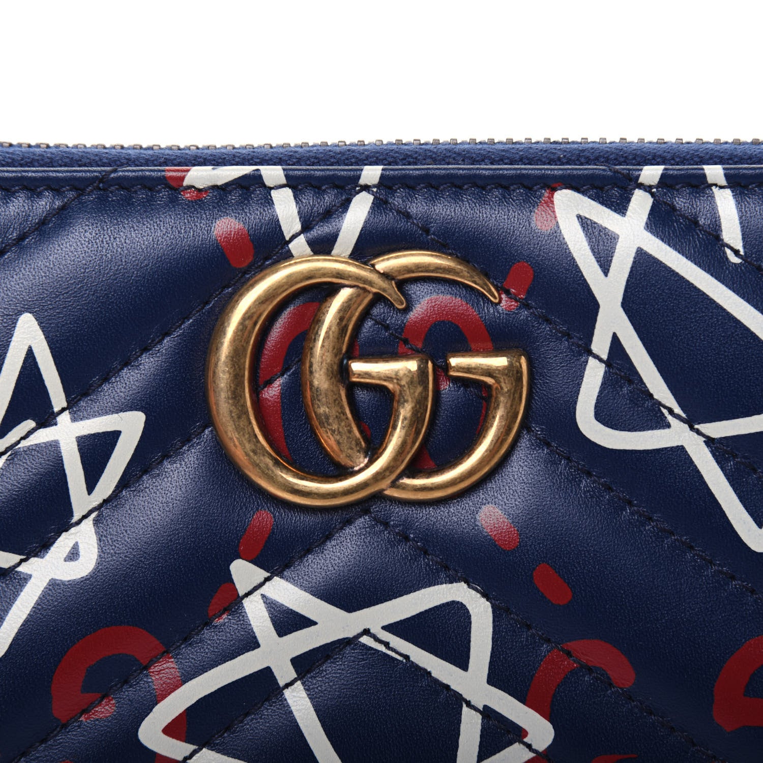 Gucci Calfskin Matelasse GucciGhost GG Marmont Zip Around Wallet Blue Agata Hibiscus Red 11 of 12