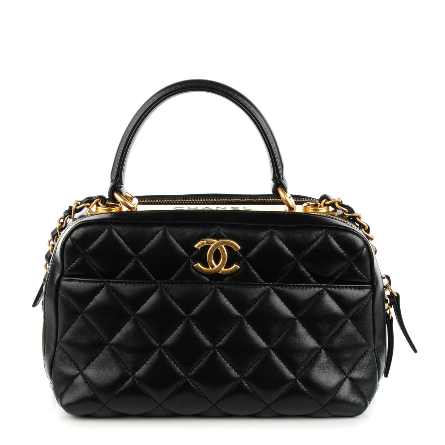 Lambskin Quilted Small Trendy CC Bowling Bag Black