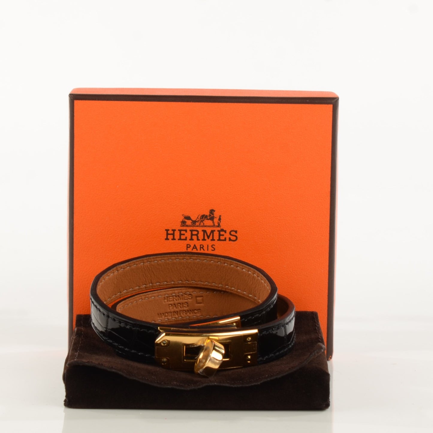 Shiny Alligator Kelly Double Tour Bracelet S Black