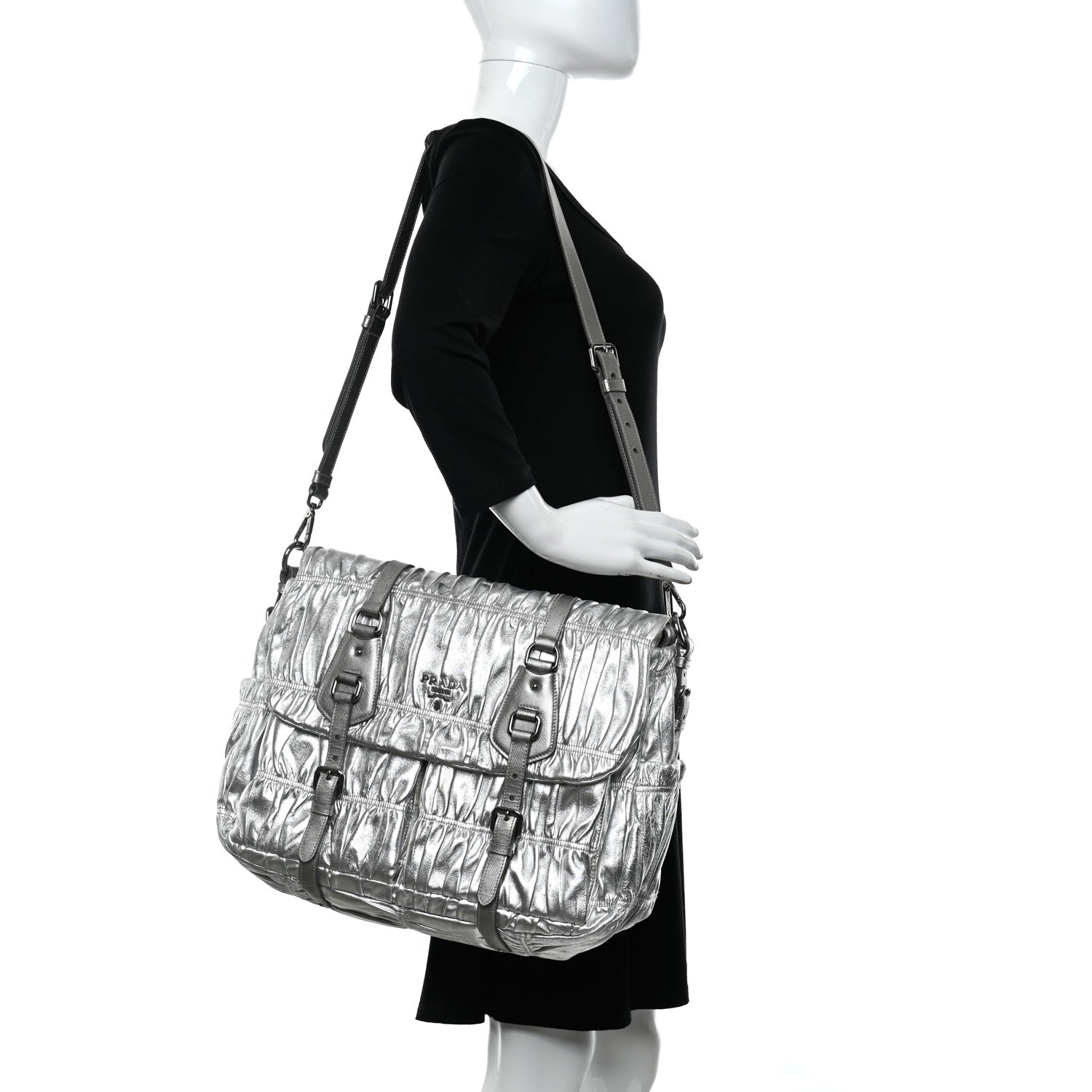 Prada Metallic Nappa Gaufre Messenger Tote Silver 2 of 20