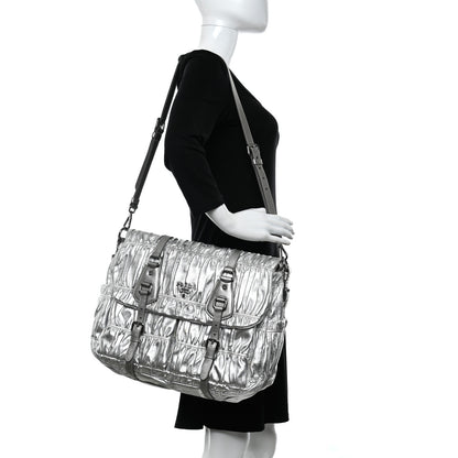 Prada Metallic Nappa Gaufre Messenger Tote Silver 2 of 20