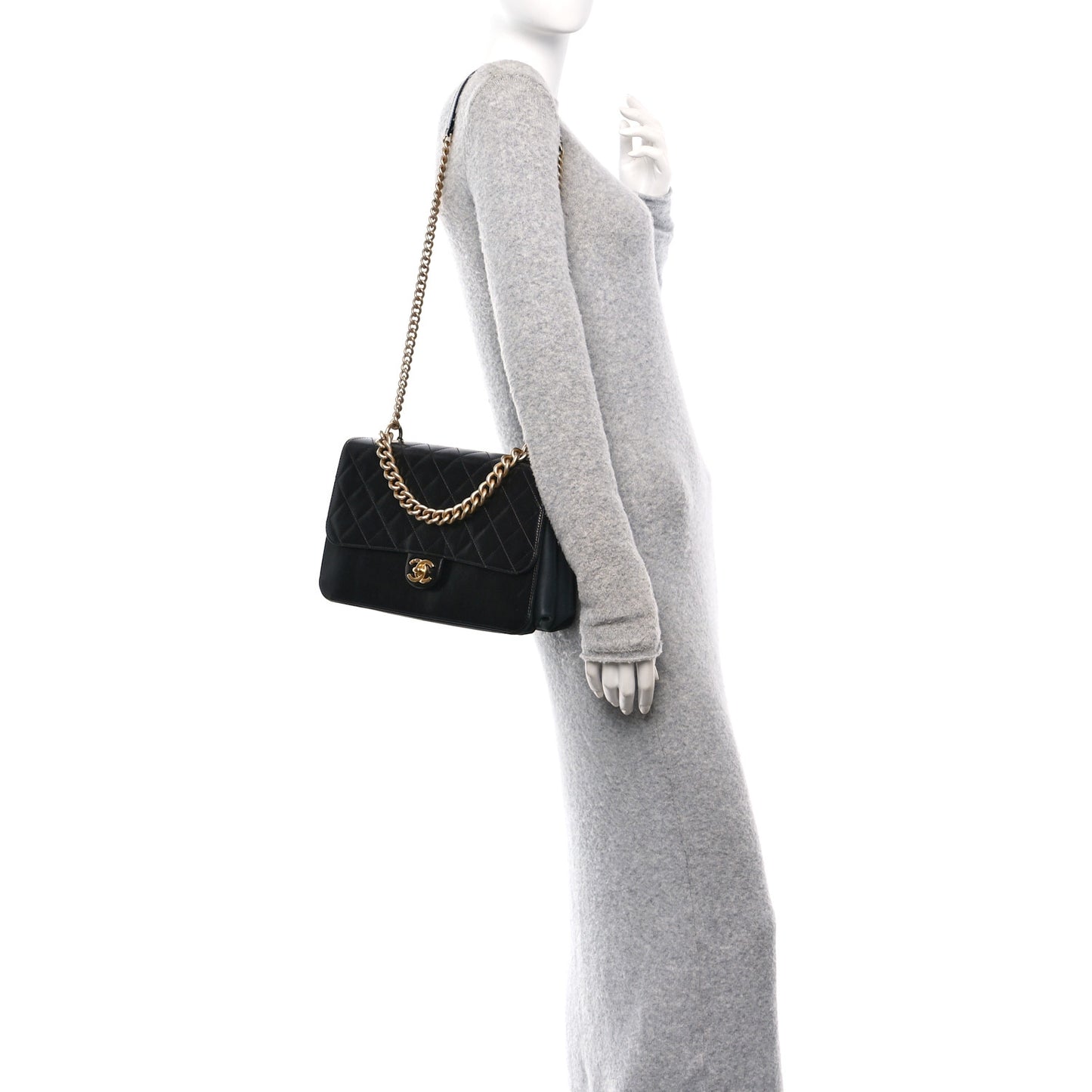 Iridescent Calfskin Quilted Straight Lined Flap Black