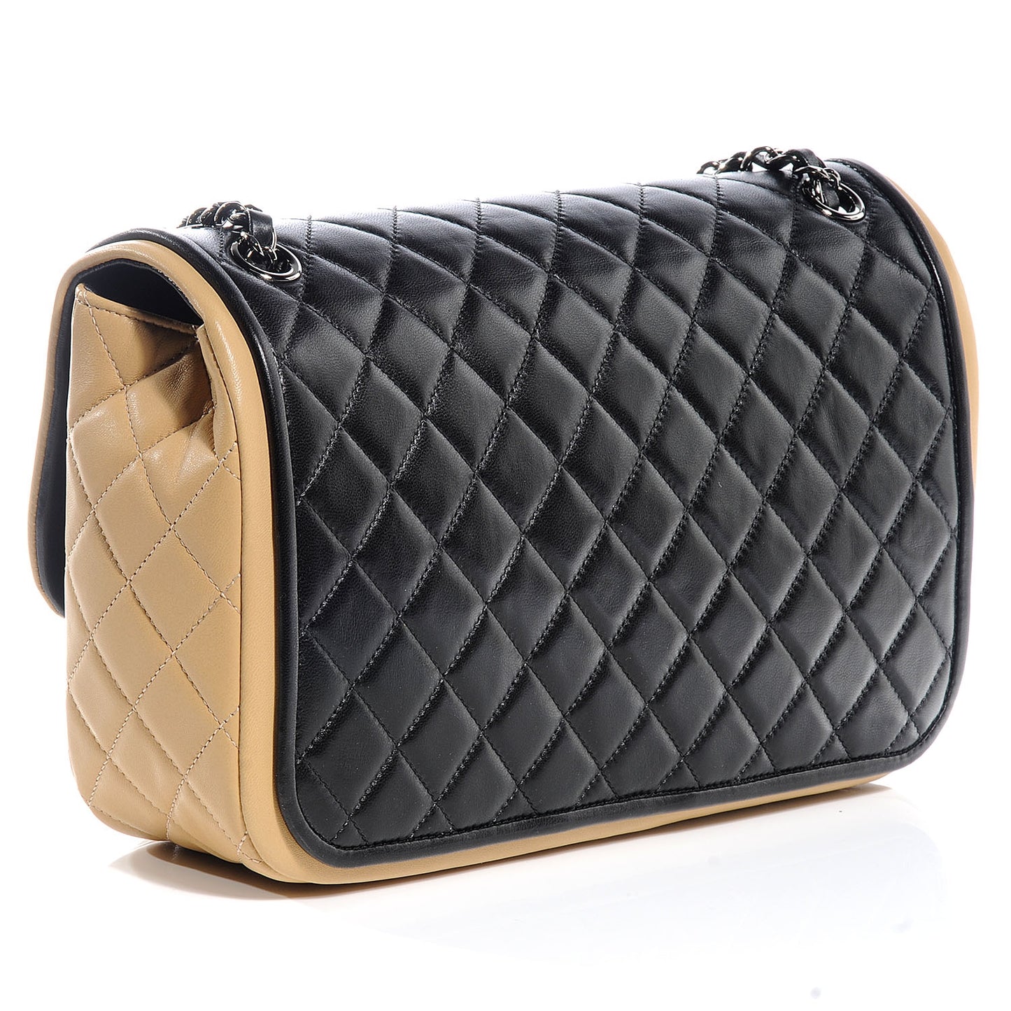 Lambskin Quilted Jumbo Classic Twist Flap Bag Black Beige