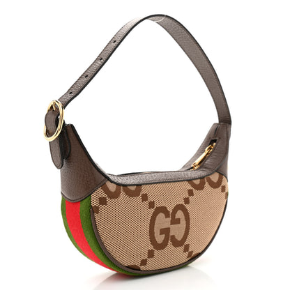 Gucci Monogram Jumbo GG Textured Dollar Calfskin Web Mini Ophidia Half Moon Hobo Camel Ebony New Acero 2 of 7