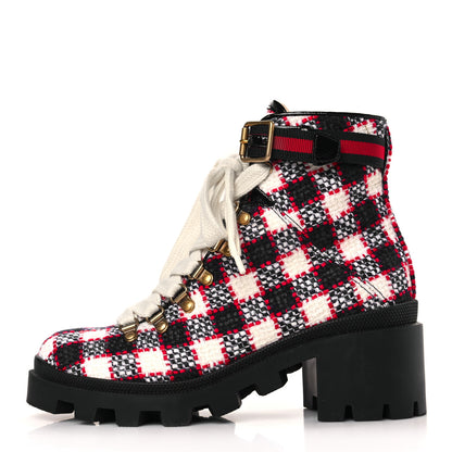 Gucci Vintage Tweed Check Lace Up Combat Ankle Boots 38 White Hibiscus Red Marine 1 of 8