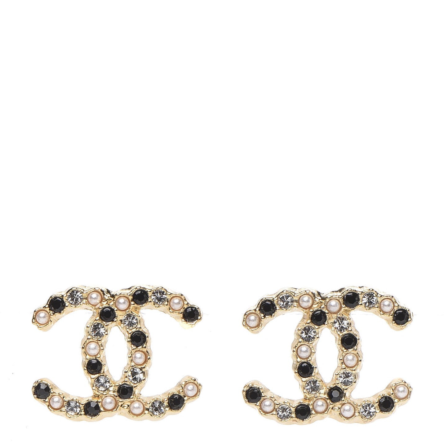 Resin Pearl Crystal CC Earrings Gold Black