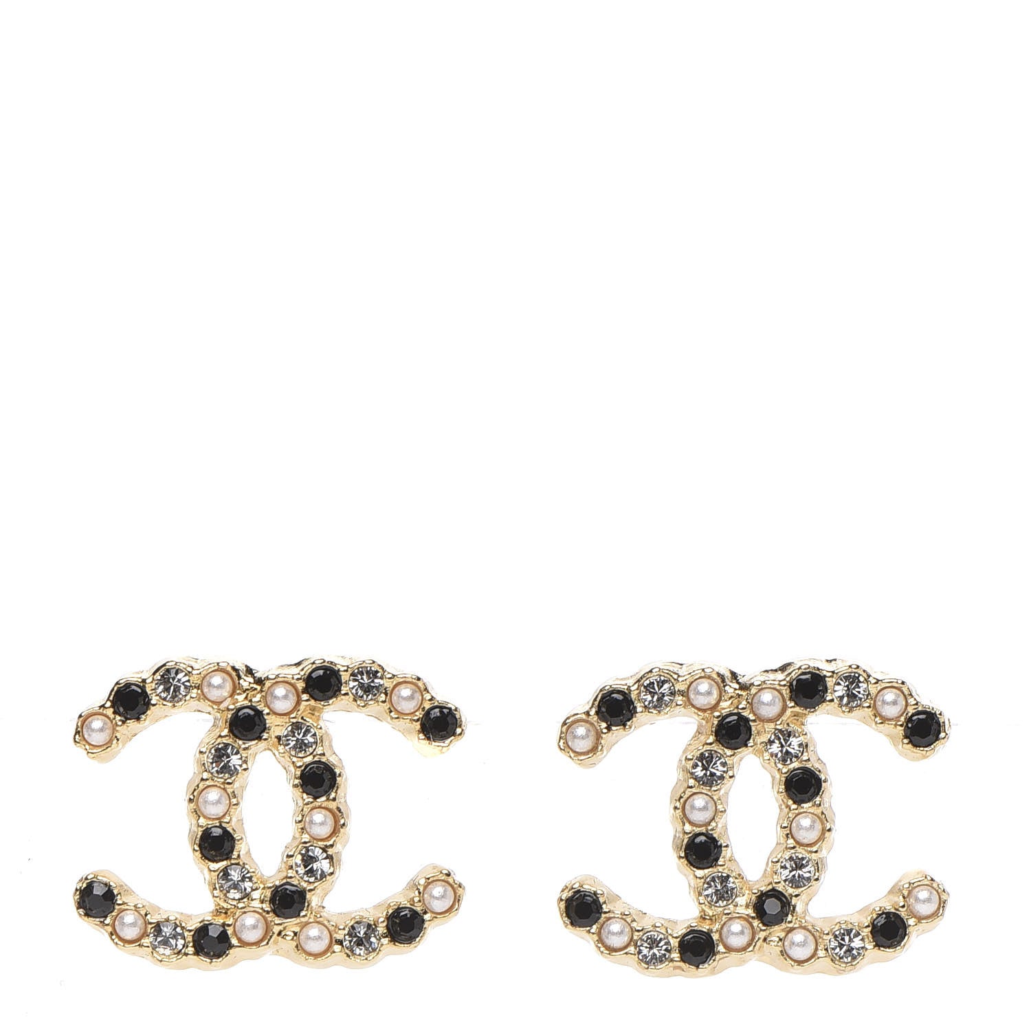 Chanel Resin Pearl Crystal CC Earrings Gold Black 1 of 5