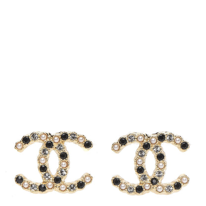 Chanel Resin Pearl Crystal CC Earrings Gold Black 1 of 5