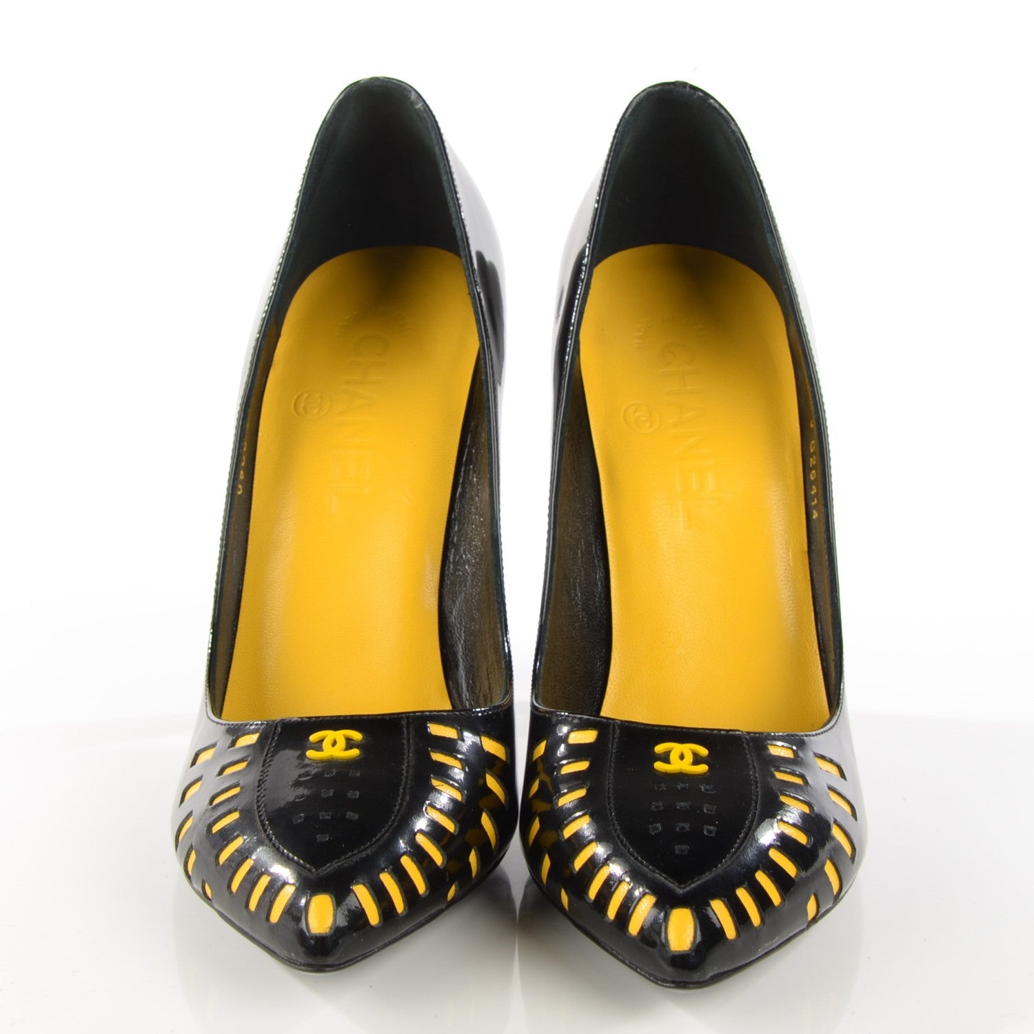Chanel Patent Cut Out CC Pumps 38.5 Black Yellow 2 of 8