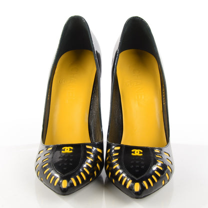 Chanel Patent Cut Out CC Pumps 38.5 Black Yellow 2 of 8