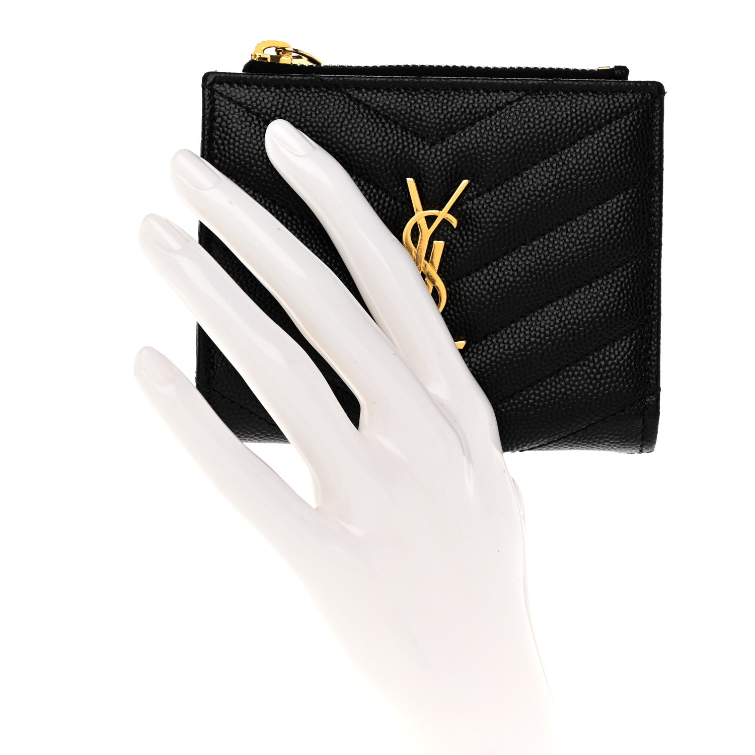 Saint Laurent Grain De Poudre Matelasse Chevron Monogram Zipped Card Case Black 2 of 12