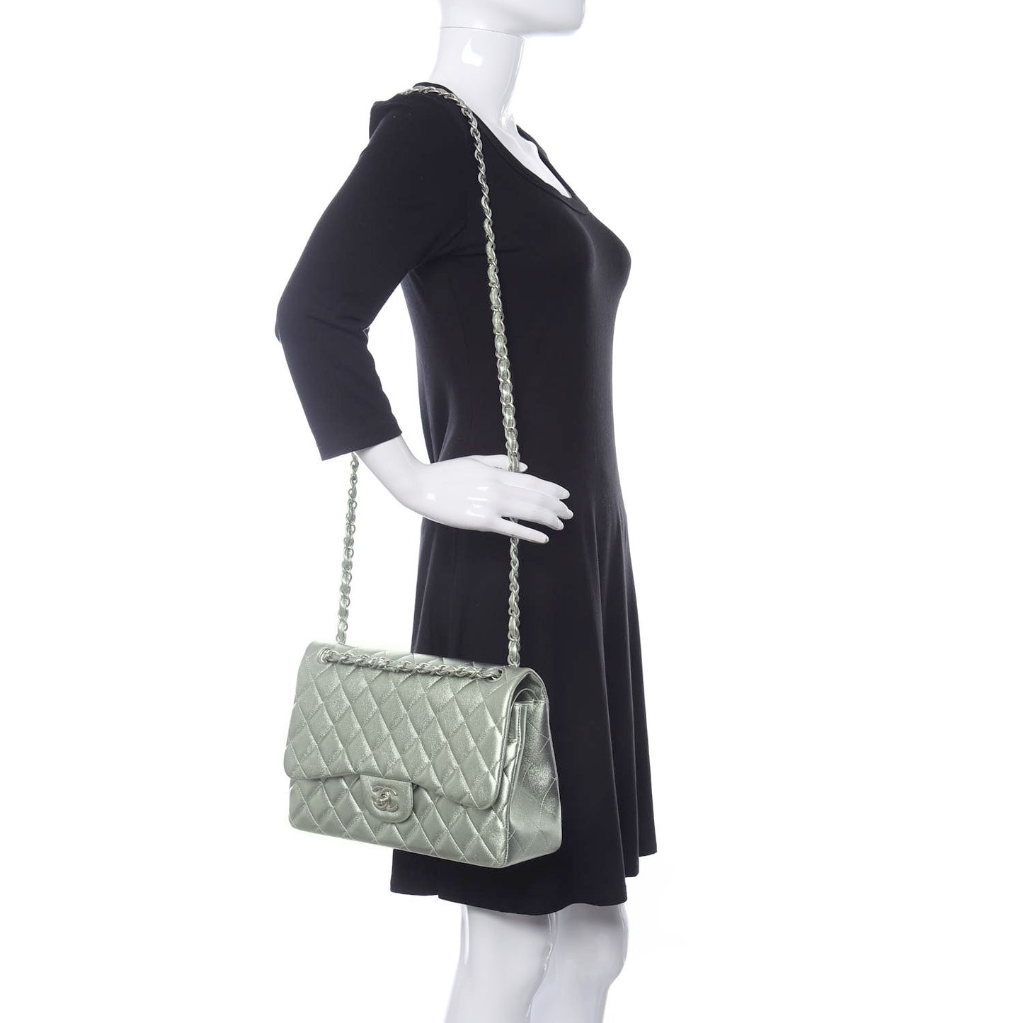 Metallic Lambskin Quilted Jumbo Double Flap Green