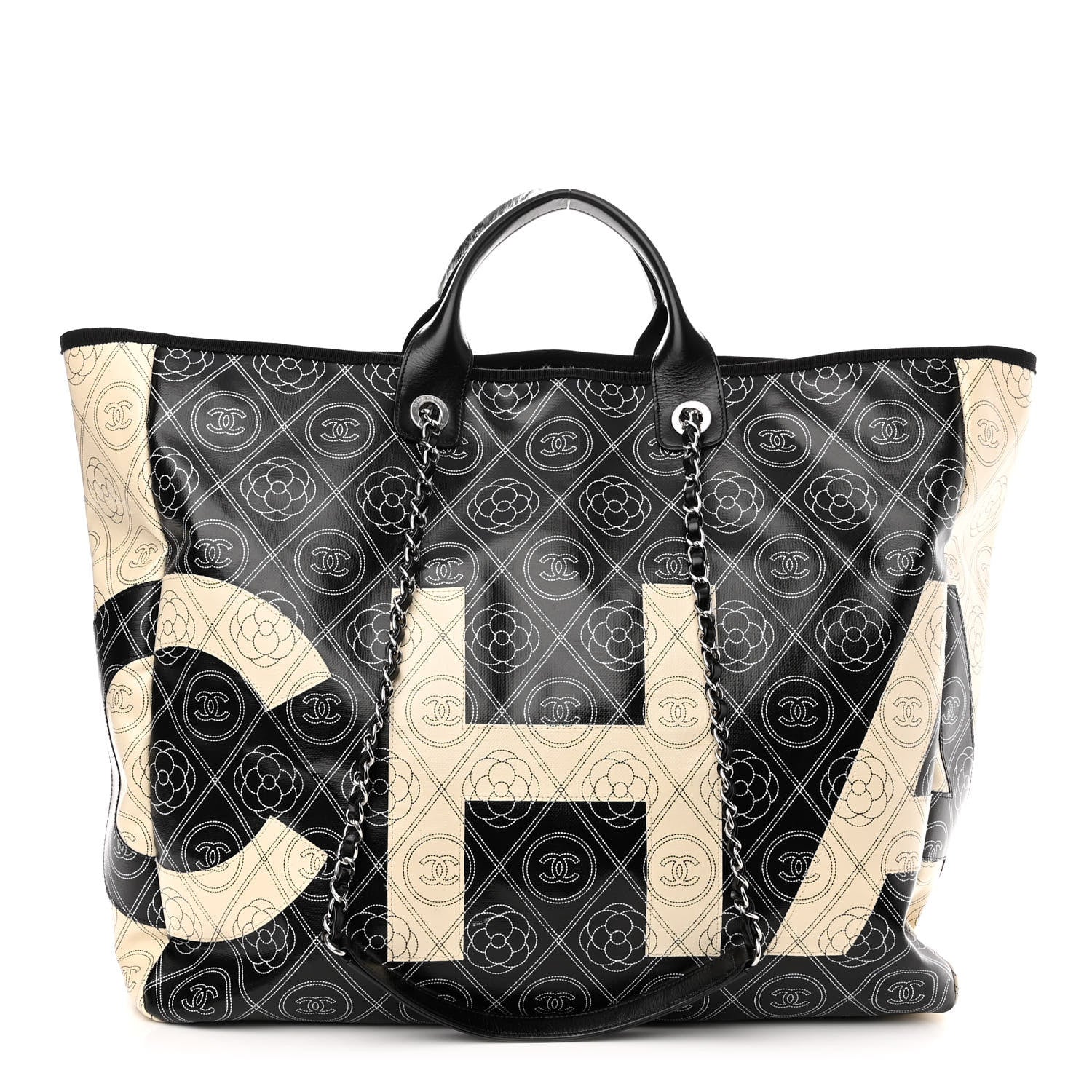 Chanel Coated Canvas Camellia Large Shopping Tote Black Beige 1 of 10