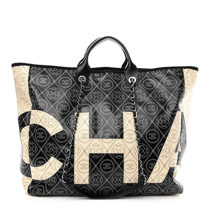 Chanel Coated Canvas Camellia Large Shopping Tote Black Beige 1 of 10